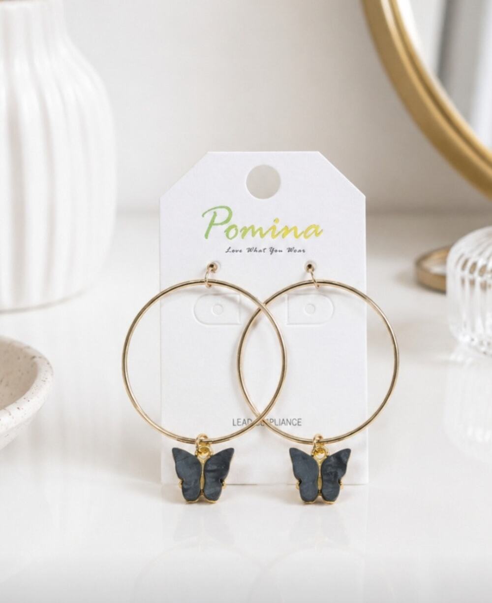Pomina Gold Circle Gray Butterfly Earrings New
